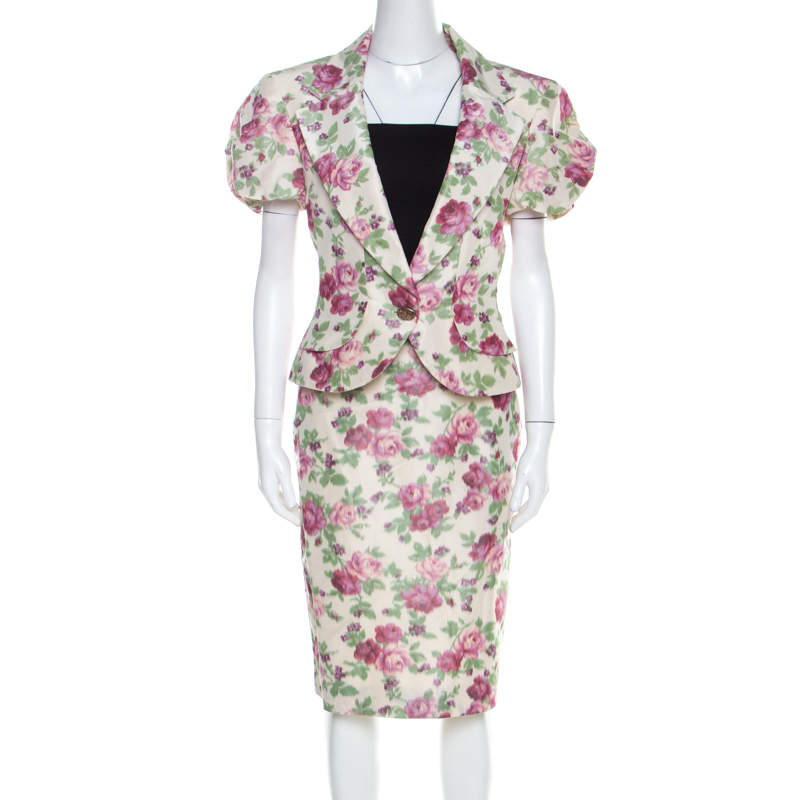Christian Dior Beige Floral Print Silk Skirt Suit L