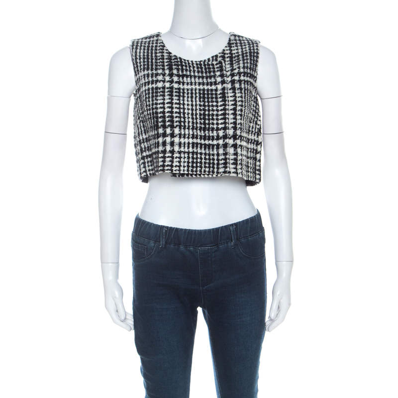 Dior Black & White Tweed Sleeveless Double Breasted Fold Over Crop Top S