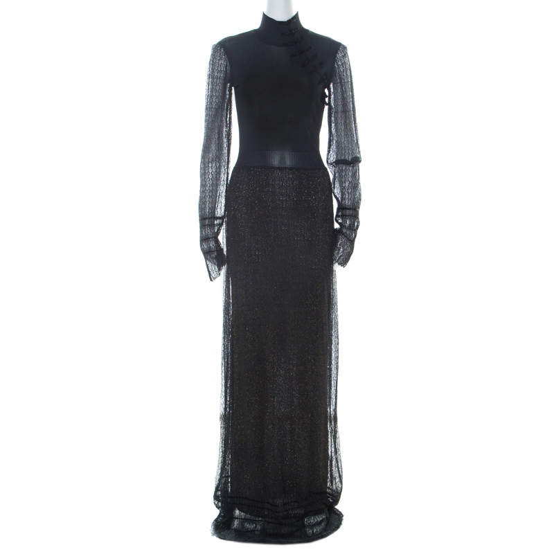 Dior Boutique Navy Blue Crochet and Lurex Knit Mandarin Collar Detail Maxi Dress M 