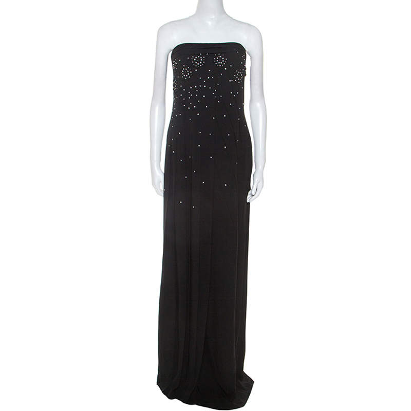 Dior Black Crepe Pleat Detail Embellished Strapless Gown M