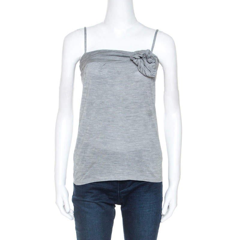 Pre Owned Dior Grey Silk Knit Floral Applique Detail Sleeveless Top S