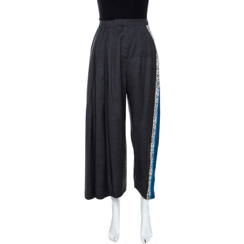 Dior Grey Wool Contrast Lace Panel Detail Wide Leg Pants S