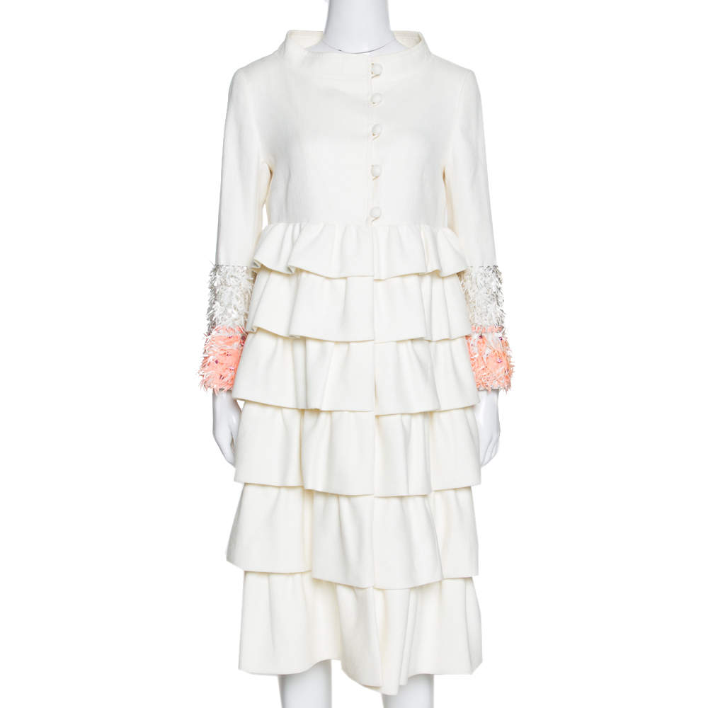 Christian Dior Cream Cotton Ruffled Embellished Sleeve Coat M
