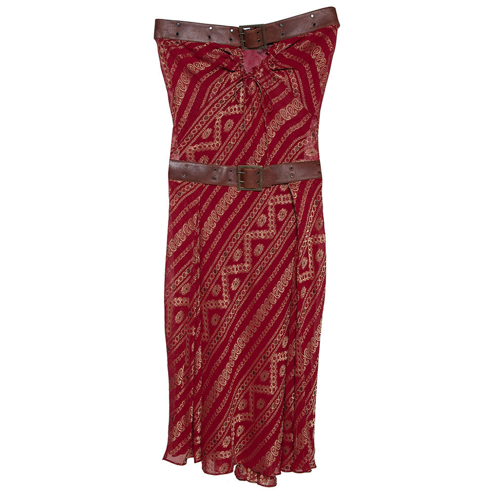 Pre Owned Christian Dior Boutique Maroon Brocade Belted Strapless Dress S