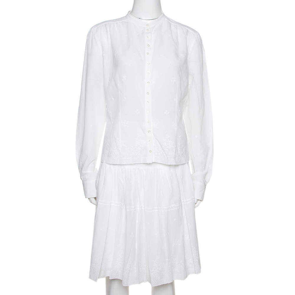 Dior White Embroidered Cotton Skirt & Top Set L
