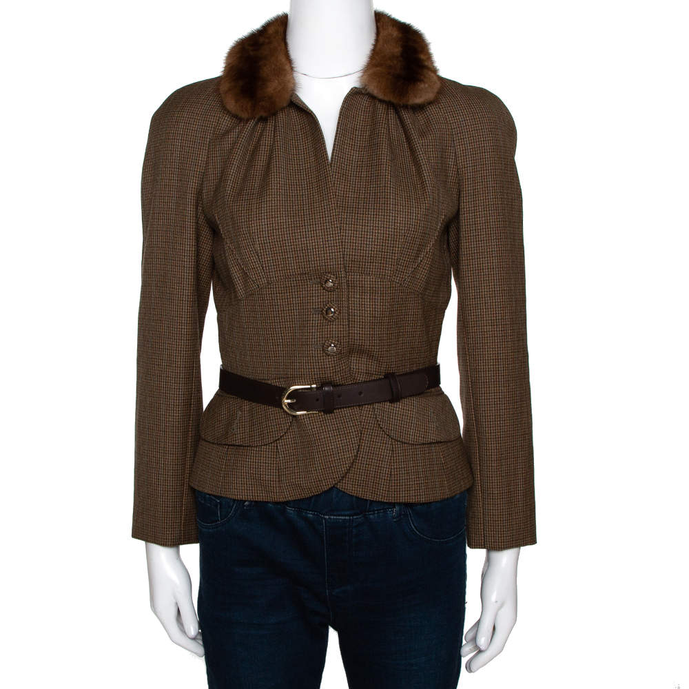 Dior Brown Houndstooth Wool Fur Trim Belted Jacket S