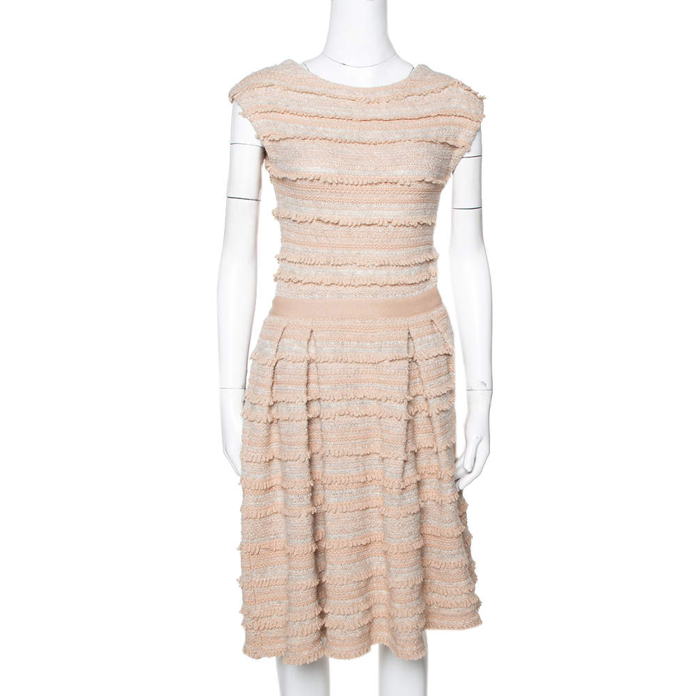 Dior Peach Wool & Cashmere Blend Boucle Tweed Flared Dress S