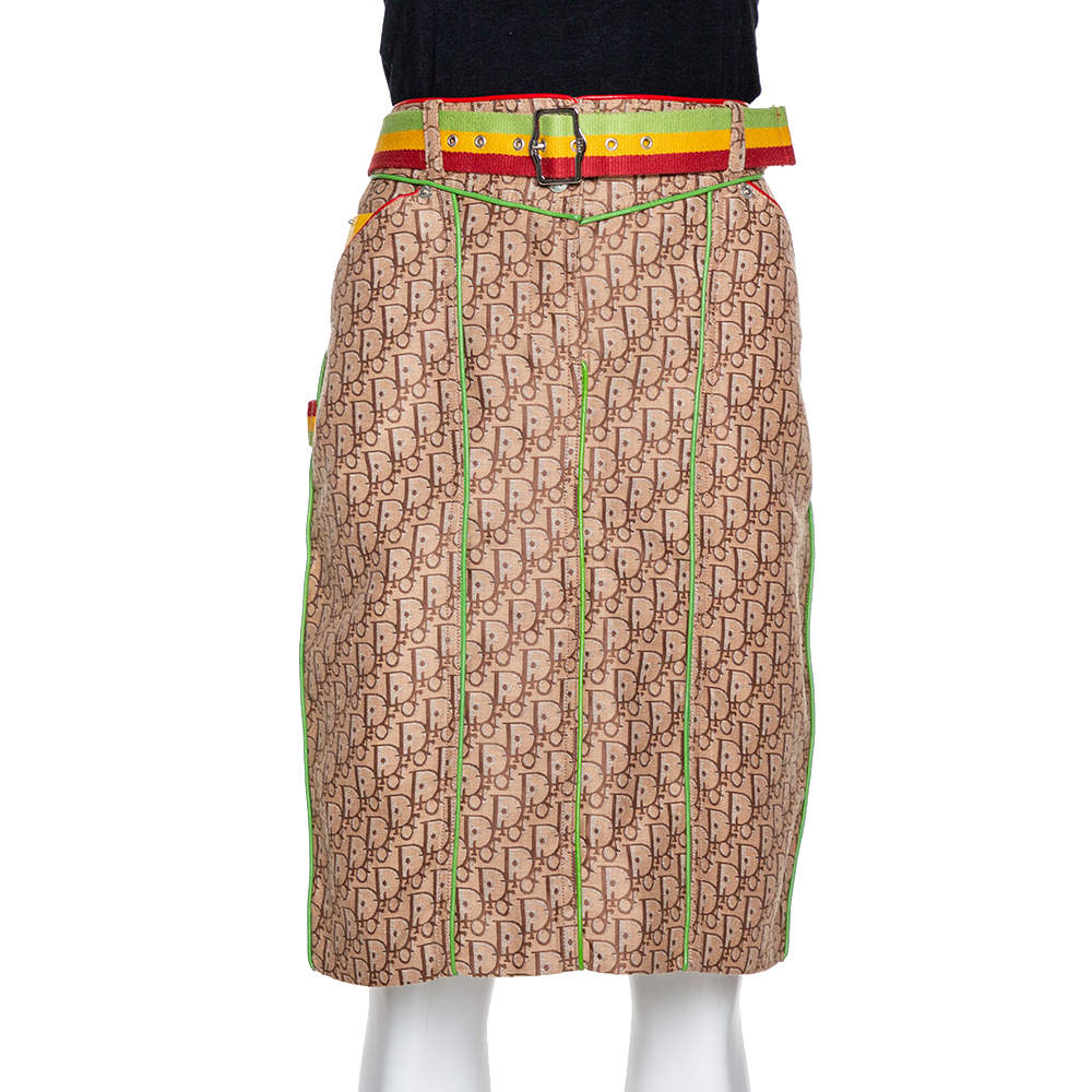 Dior Beige Diorissimo Jacquard Leather Trim Belted Skirt L