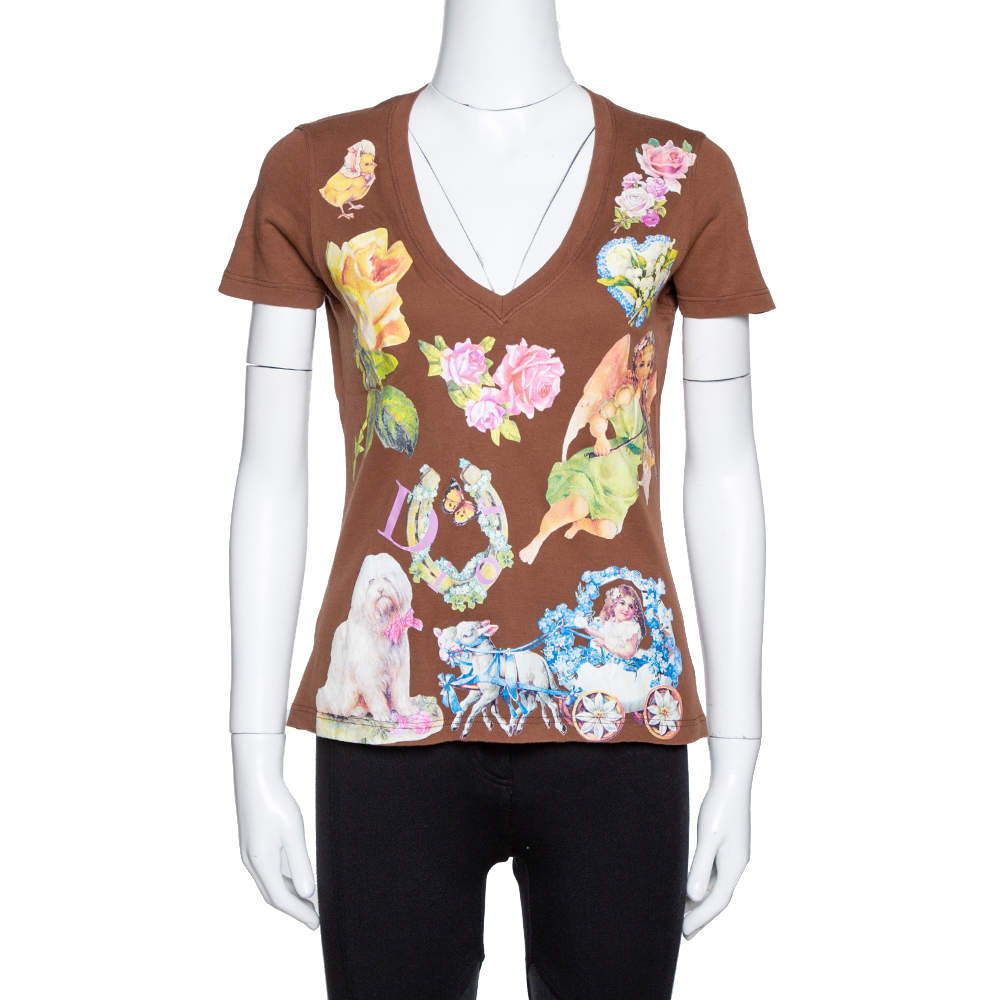 Dior Brown Logo Floral Print Cotton V-Neck Fitted T-Shirt L