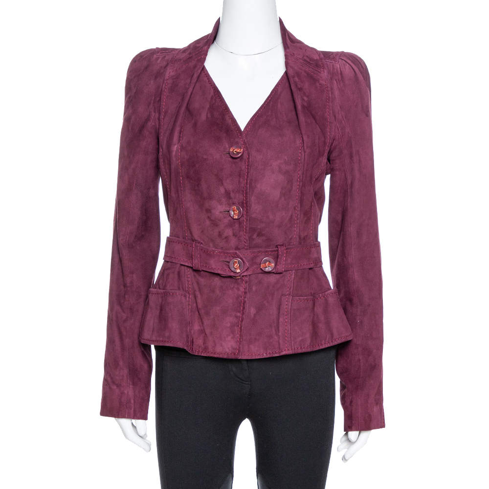 Pre Owned Dior Burgundy Suede Belted Button Front Jacket L