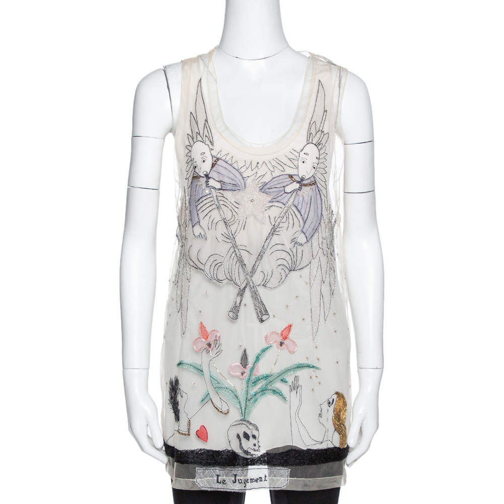 Pre Owned Dior Cream Le Jugement Embroidered Tulle Sleeveless Top S