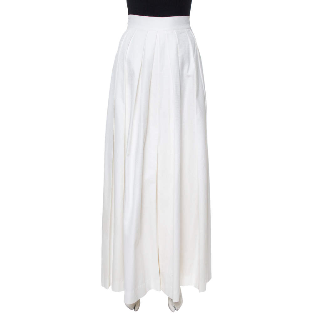 Pre Owned Dior White Textured Cotton Pleated Palazzo Pants L