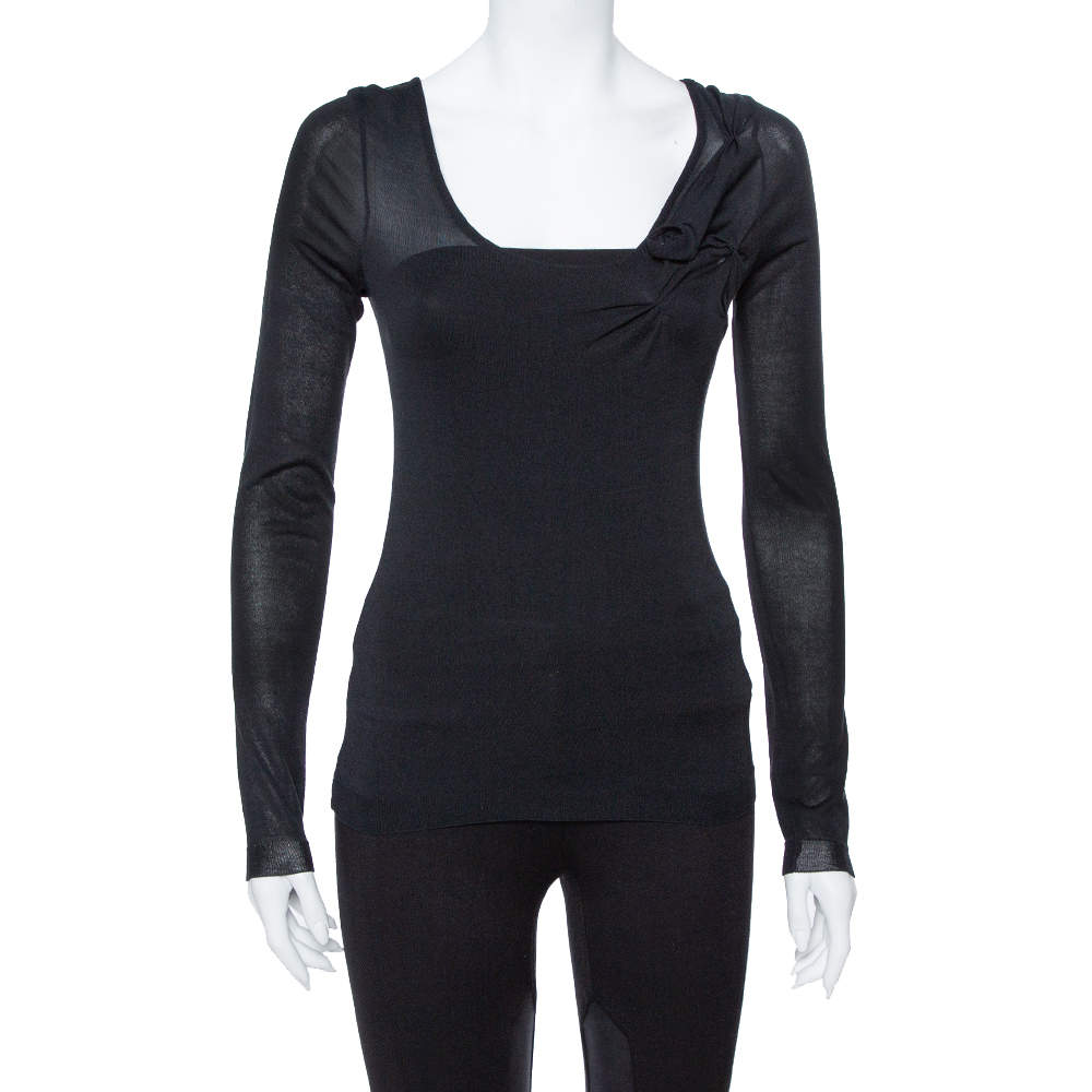 Pre Owned Dior Black Cotton & Silk Floral Detail Long Sleeve Top S