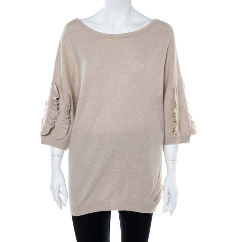 Pre Owned Dior Beige Wool & Cashmere Ruffle Sleeve Sweater M