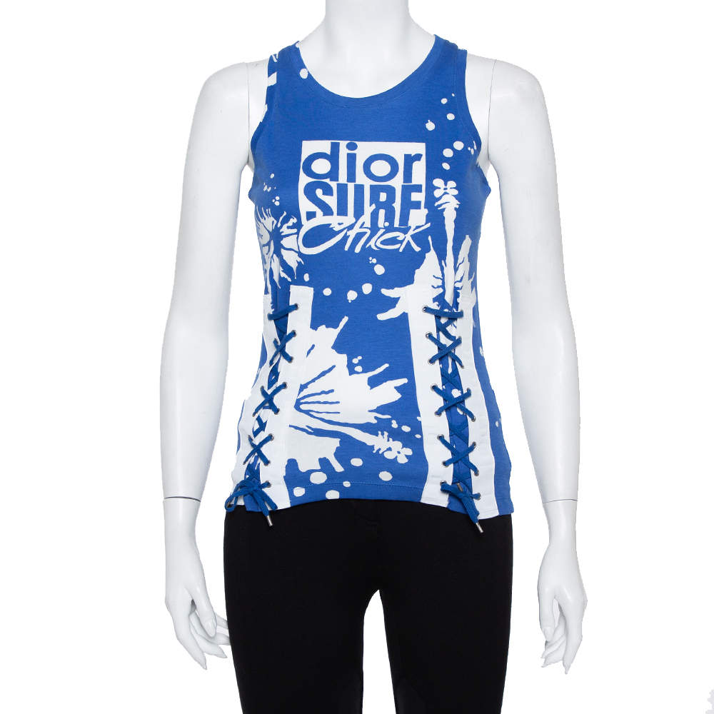 Christian Dior Blue Surf Chick Printed Cotton Racer Back Detail Top S