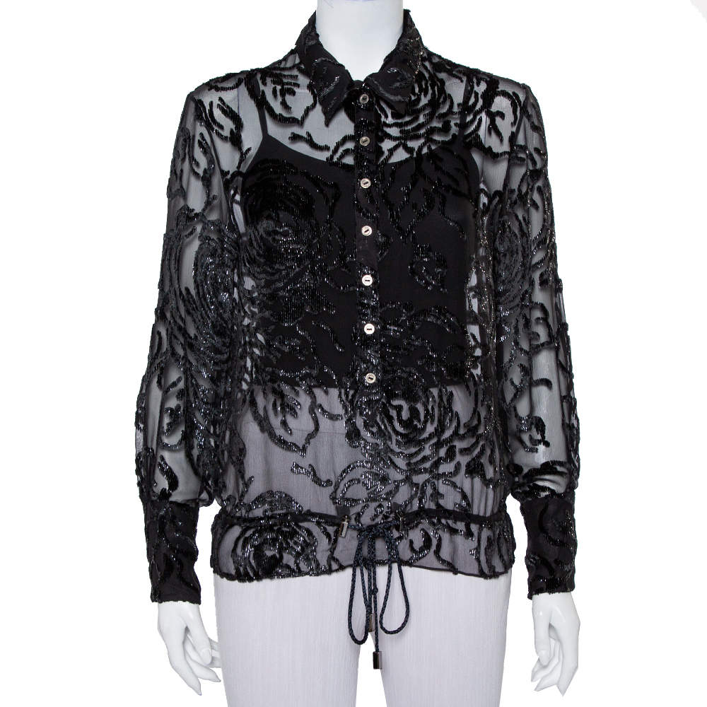 Pre Owned Christian Dior Vintage Black Devore Waist Tie Detail Button Front Shirt M
