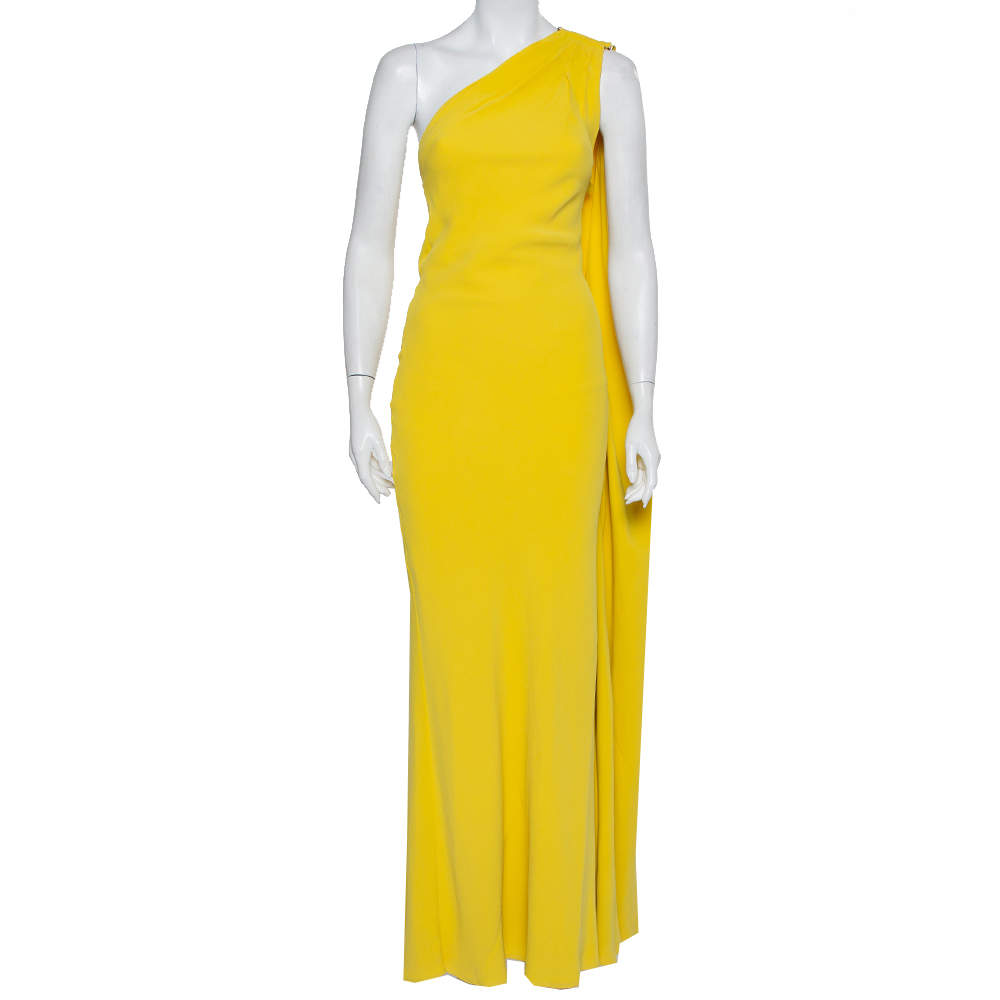 Christian Dior Yellow Crepe Trail Detail One Shoulder Maxi Dress S