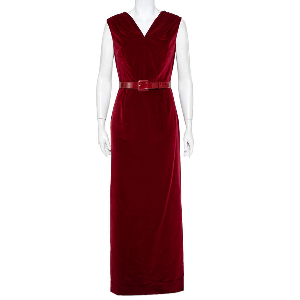 Pre Owned Christian Dior Burgundy Velvet Slit Detail Belted Maxi Dress M