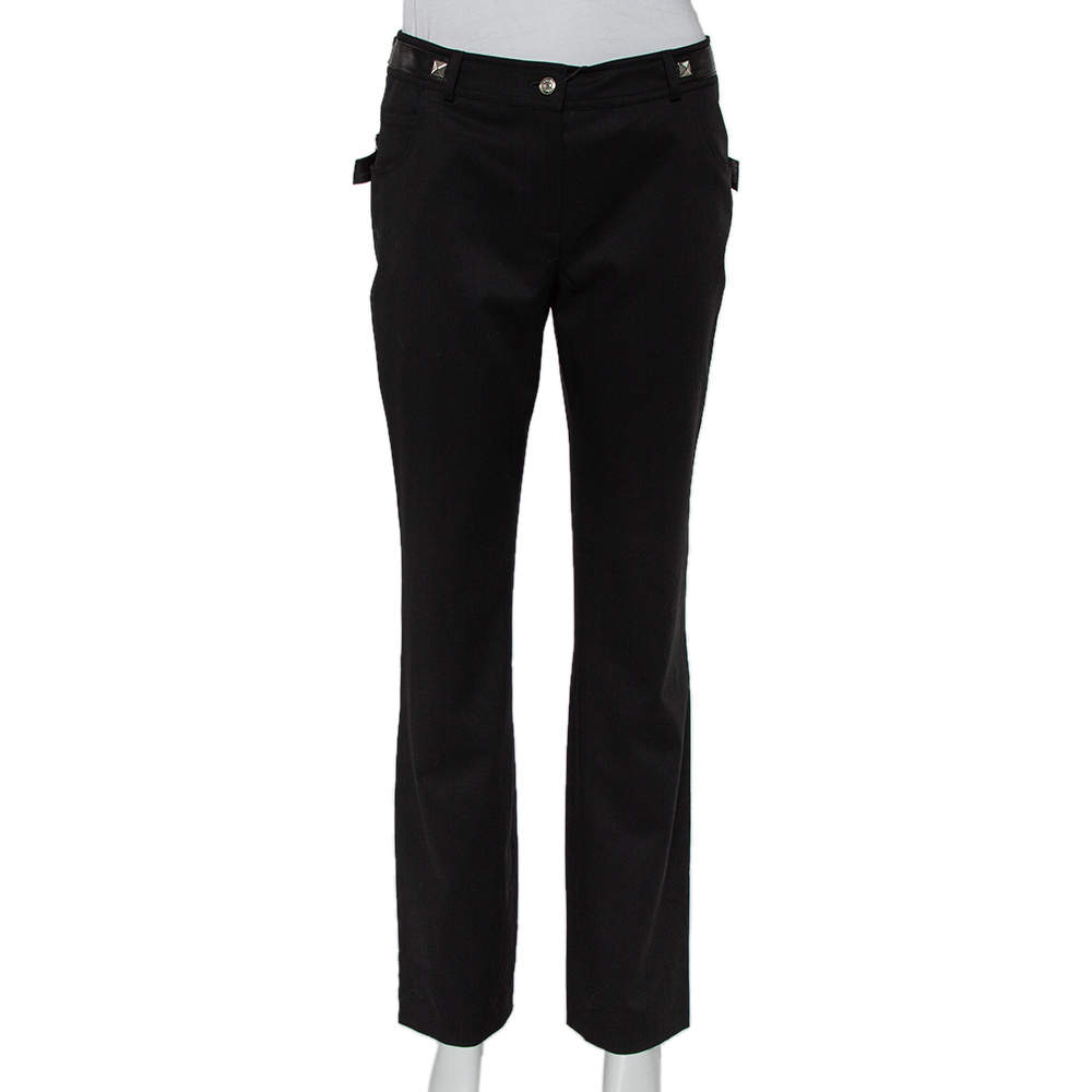 Pre Owned Christian Dior Black Wool Rockstud Leather Belt Detail Straight Leg Pants M