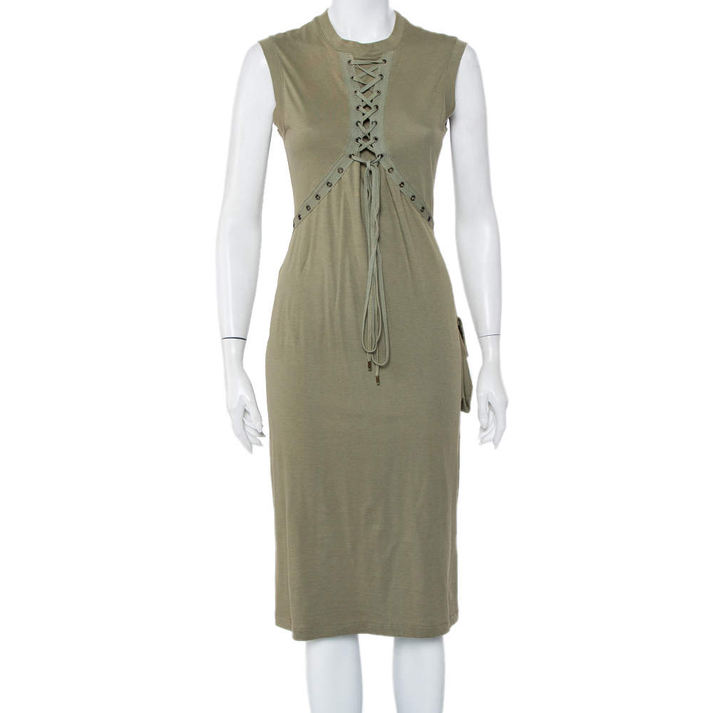 Pre Owned Christian Dior Green Cotton Knit Lace Up Detail Sleeveless Midi Dress L