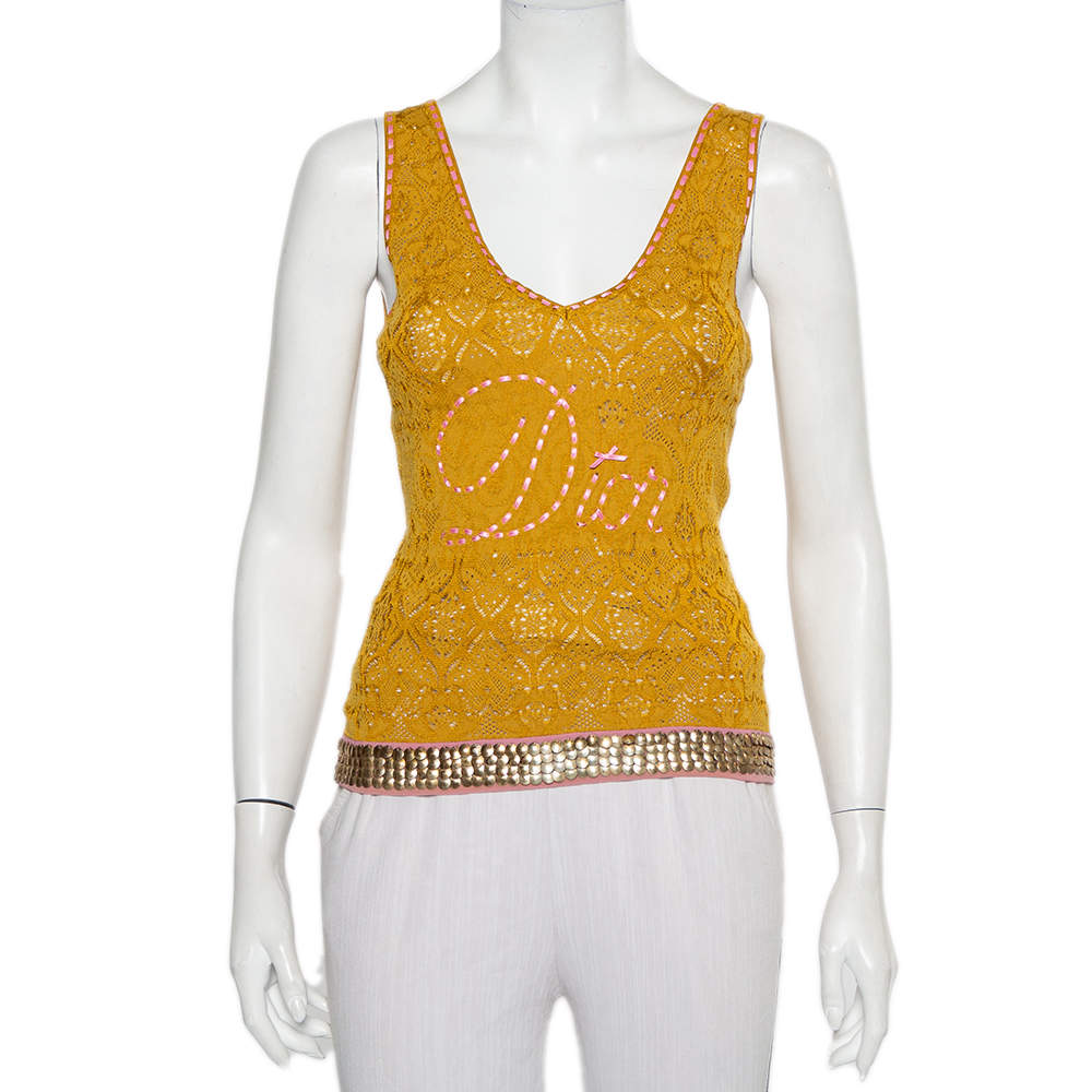 Christian Dior Mustard Yellow Knit Contrast Trim Sequin Detail Tank Top M