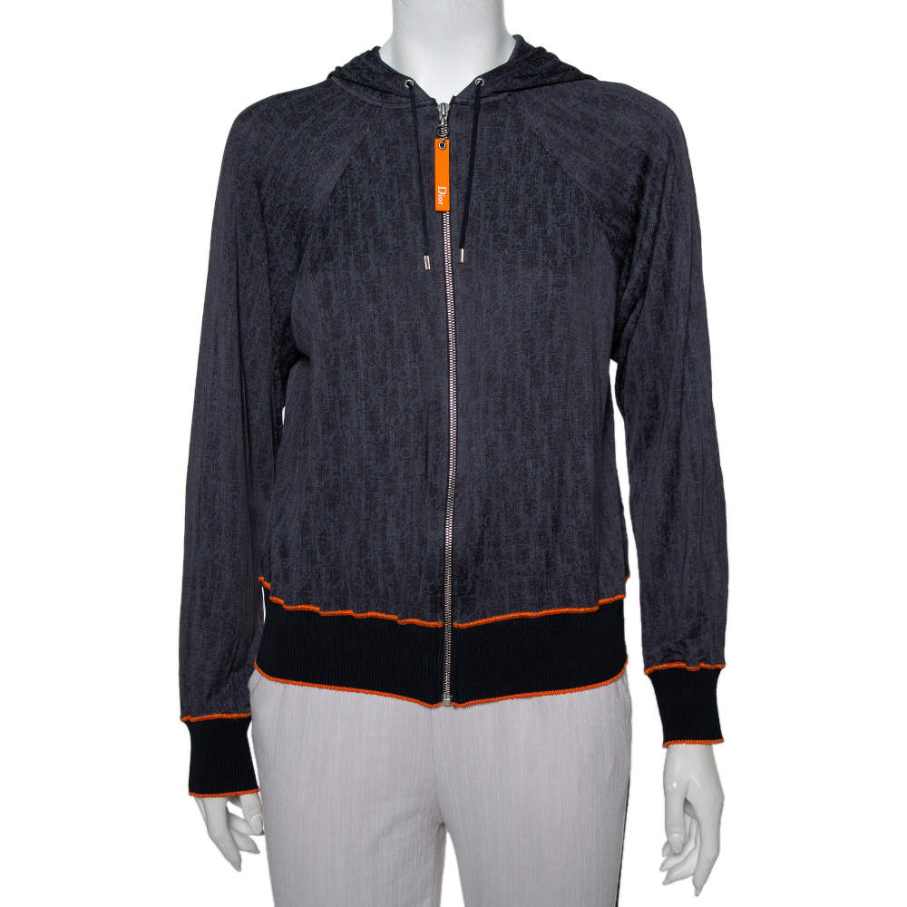 Pre Owned Christian Dior Navy Blue Oblique Patterned Jersey Zip Front Hooded Jacket M