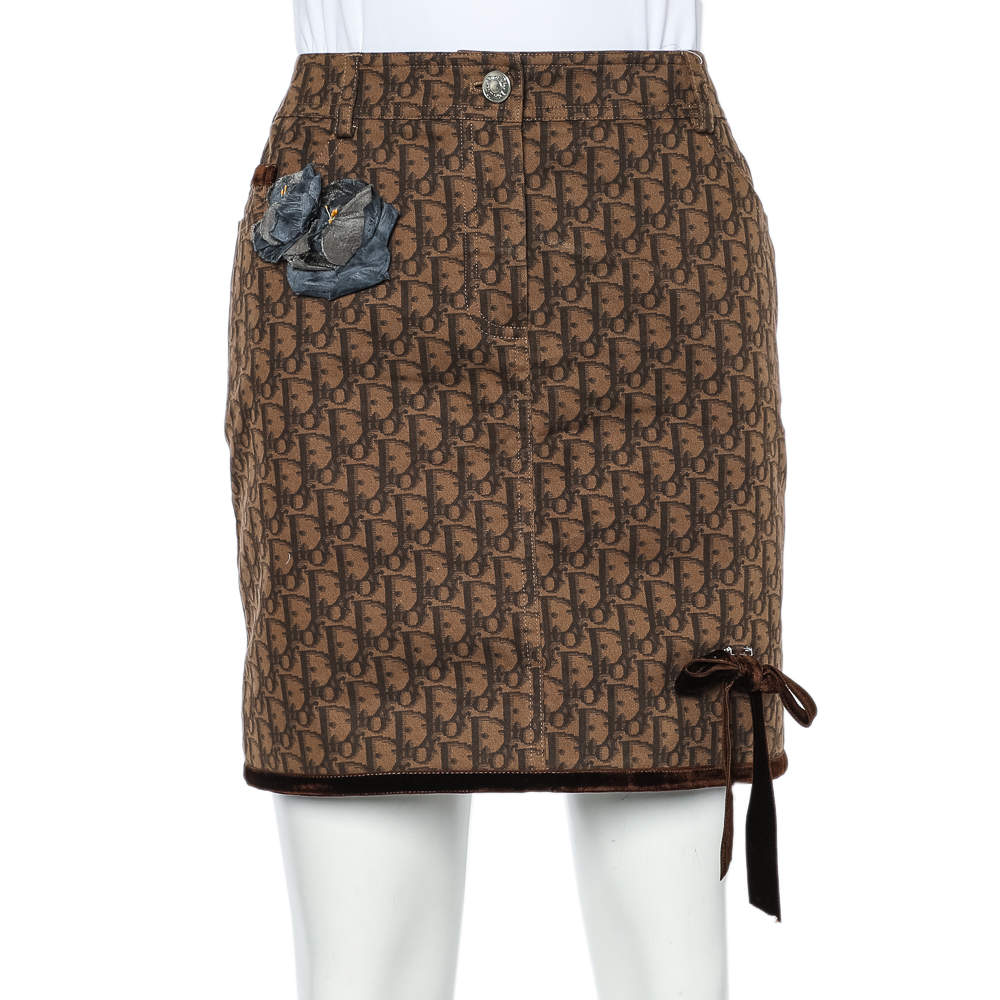 Pre Owned Christian Dior Brown Trotter Printed Denim Applique Detail Mini Skirt M