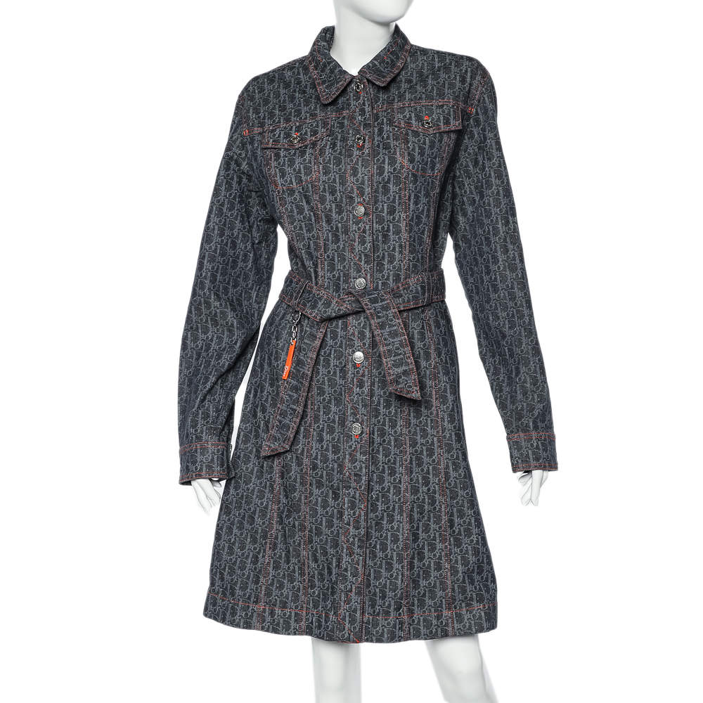 Pre Owned Christian Dior Navy Blue Trotter Patterned Denim Belted Coat L