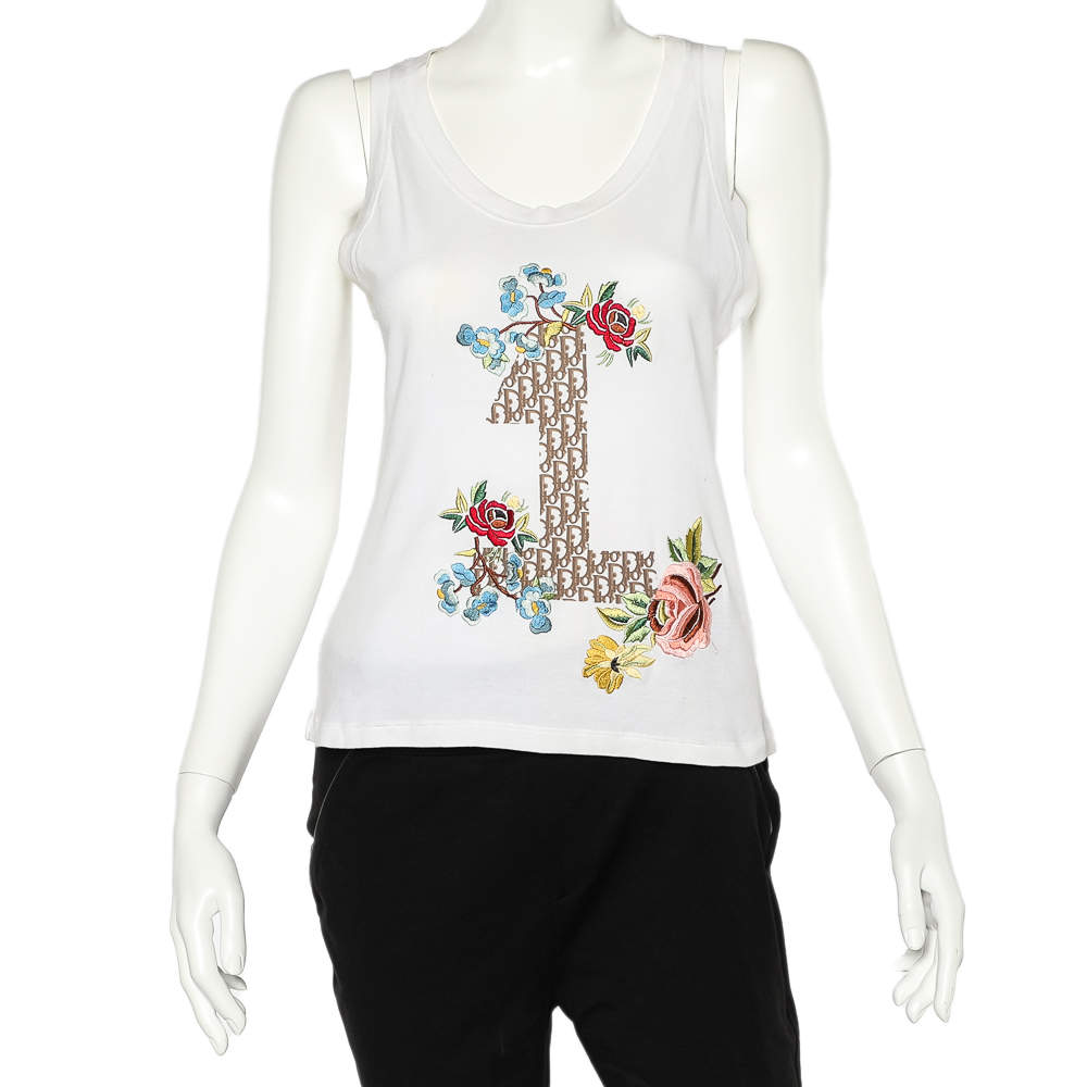Christian Dior White Cotton Logo Printed Floral Embroidered Tank Top L 
