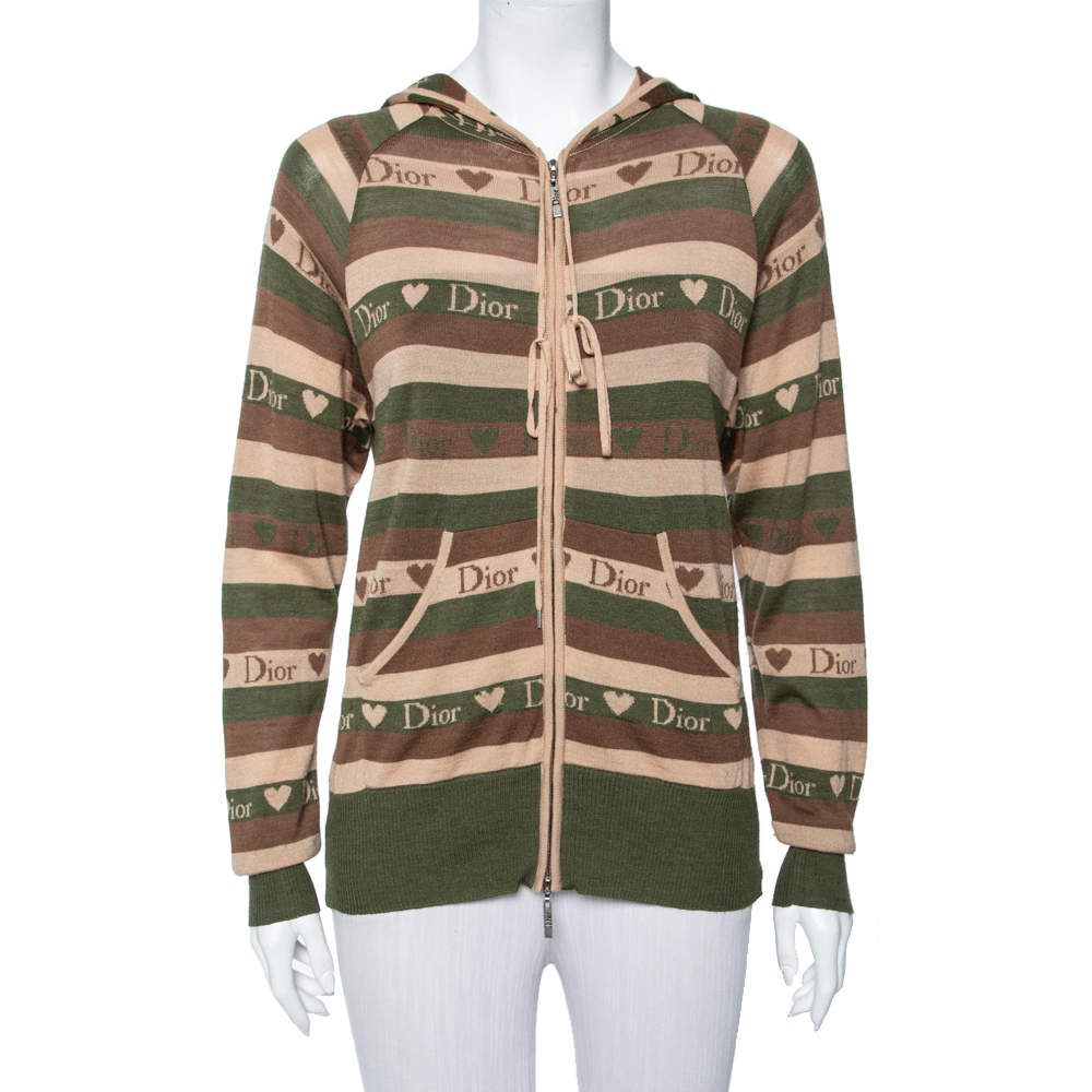 Pre Owned Christian Dior Brown Striped Logo Love Jacquard Hooded Sweatshirt M