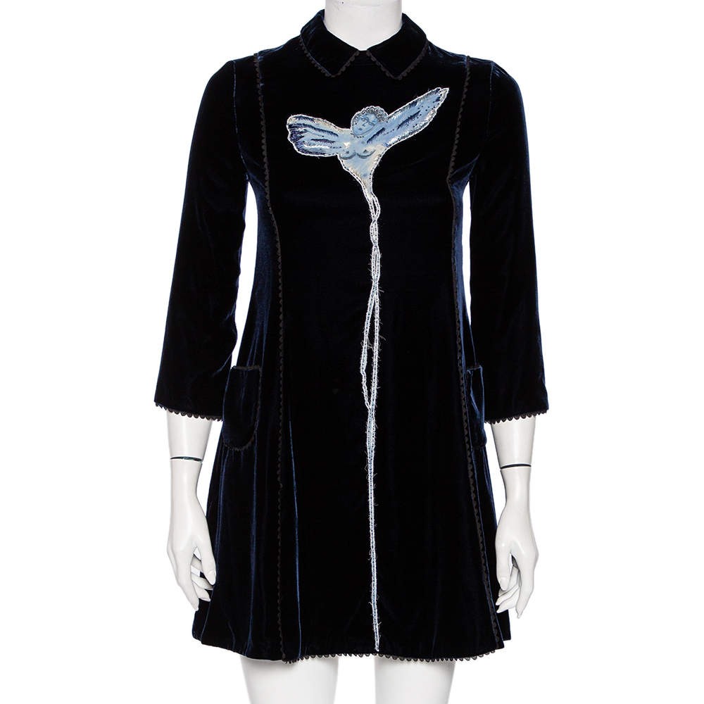 Christian Dior Midnight Blue Velvet Angel Applique Collared Mini Dress S