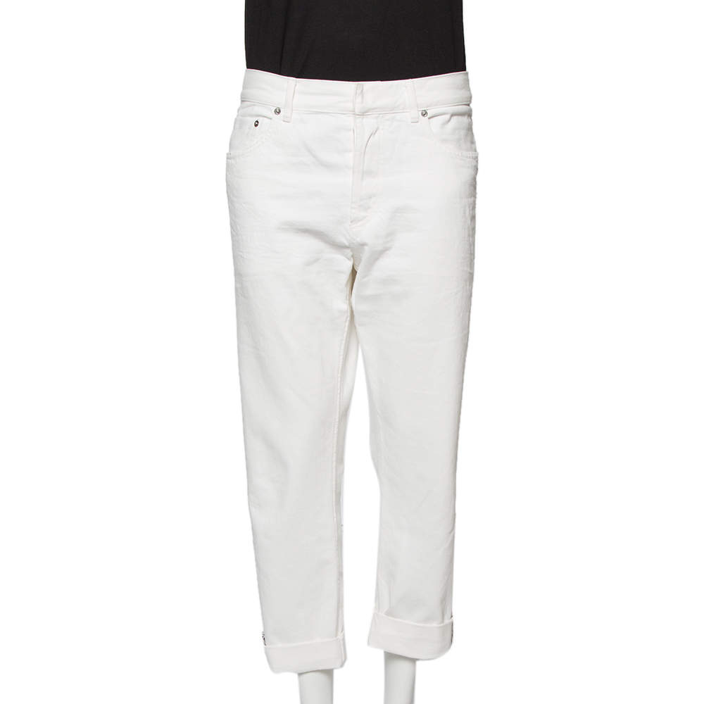 Pre Owned Dior White Distressed Denim Logo Selvedge Boyfriend Jeans L