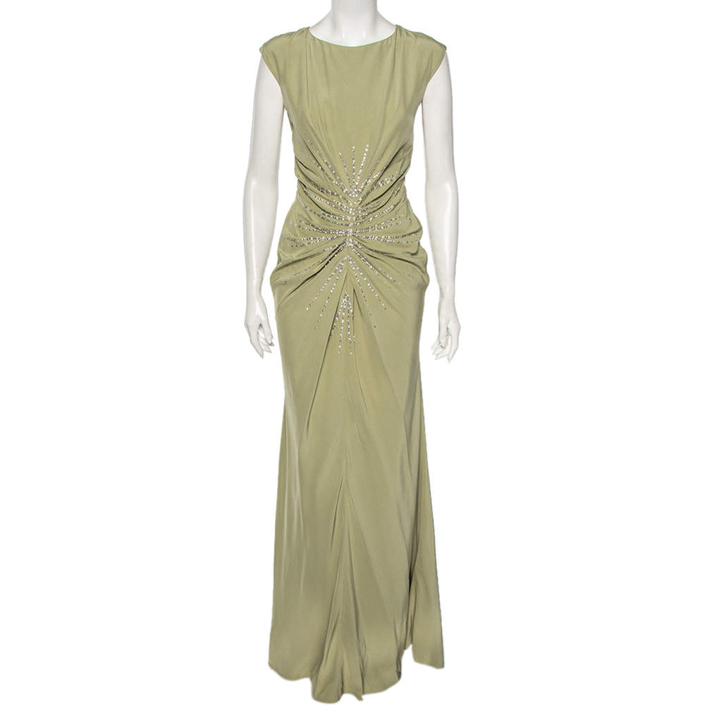 Dior Mint Green Silk Embellished Gathered Maxi Dress M