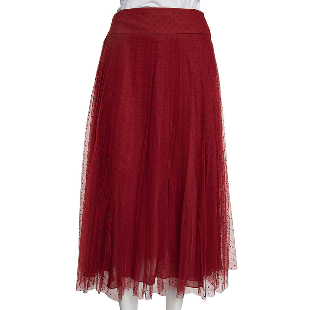 Christian Dior Red Polka Dot Tulle Pleated Midi Skirt M Dior TLC