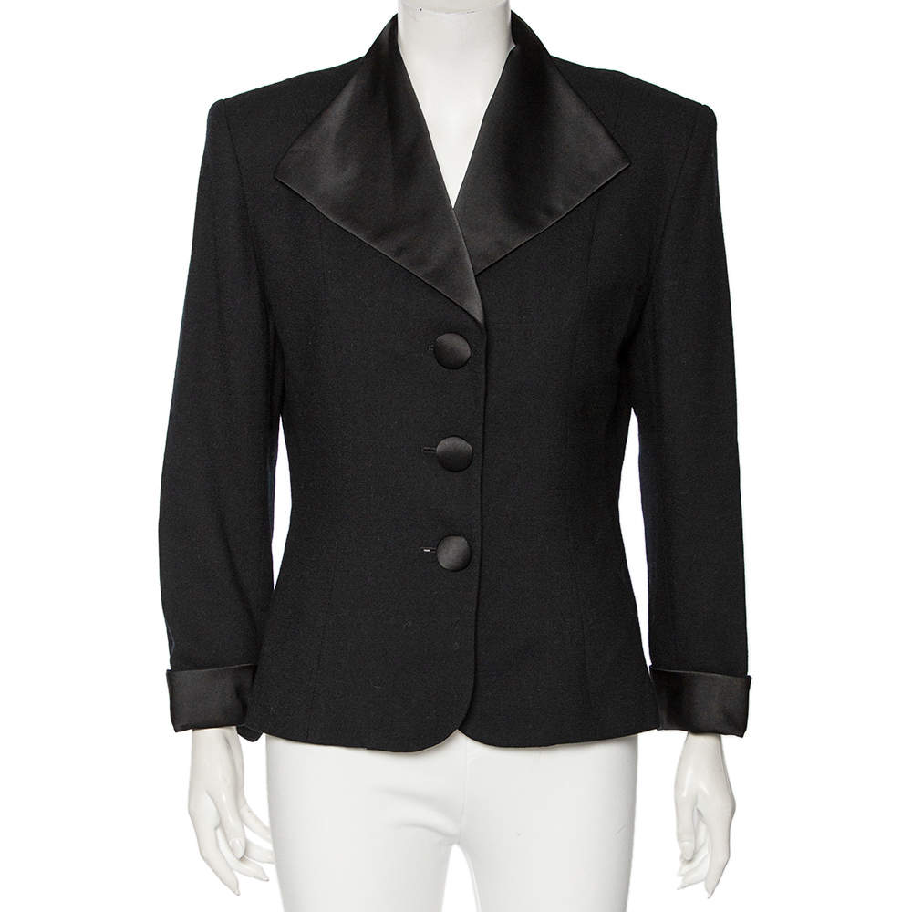 Dior Vintage Black Wool And Satin Trimmed Button Front Blazer L