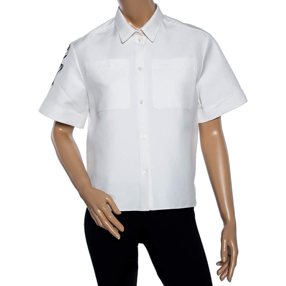 Dior White Cotton Printed Back Short Sleeve Pocketed Shirt M