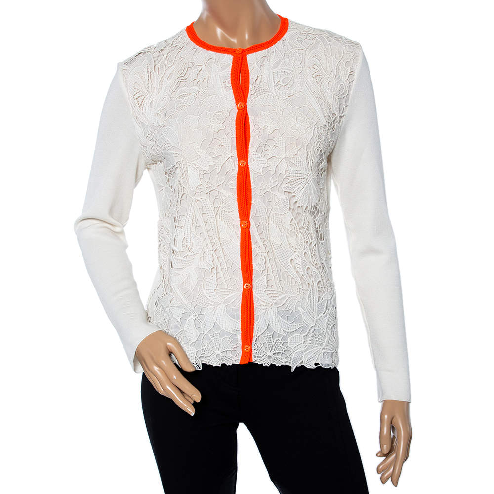 Dior Ivory Guipure Lace & Knit Contrast Neon Trim Cardigan M