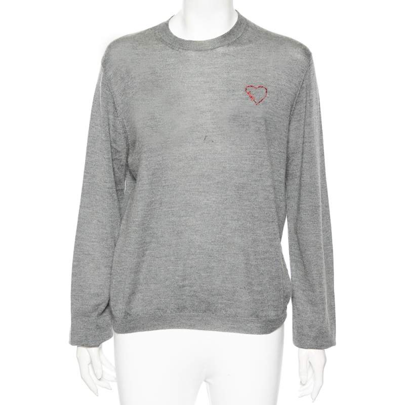 Pre Owned Dior Grey Cashmere Heart Logo Embroidered Long Sleeve Sweater L