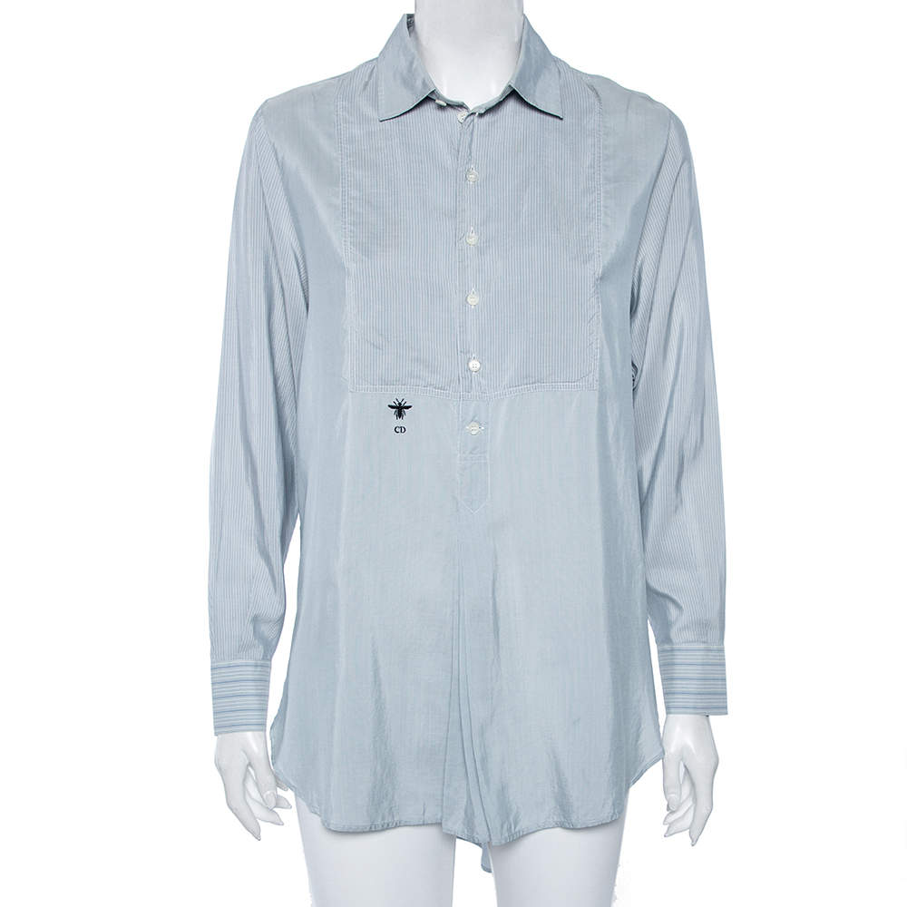Pre Owned Dior Blue Silk Embroidered Bee Logo Detailed Buttoned Tunic S