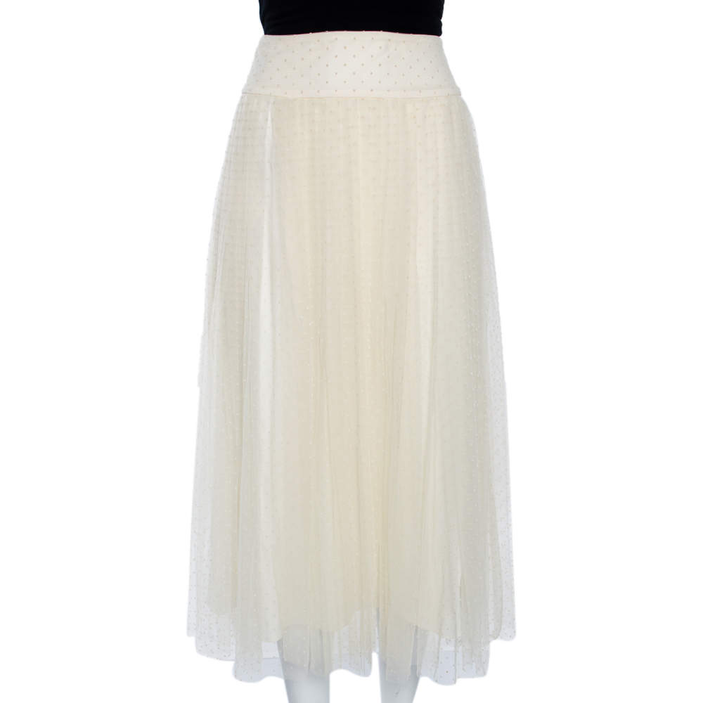 Pre Owned Dior Cream Textured Tulle Overlay Gathered Midi Skirt M