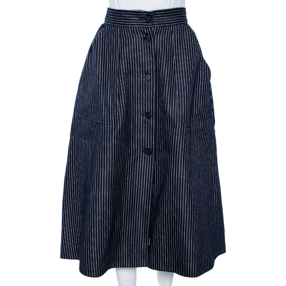Pre Owned Dior Blue Striped Cotton Button Front Flared Skirt M
