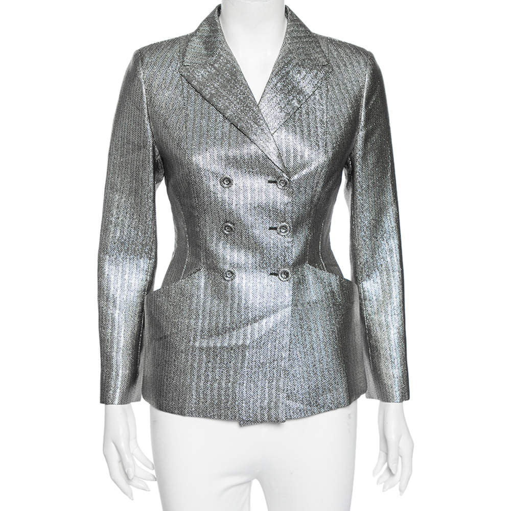 Christian Dior Metallic Lurex Herringbone Pattern Silk Double Breasted Blazer M