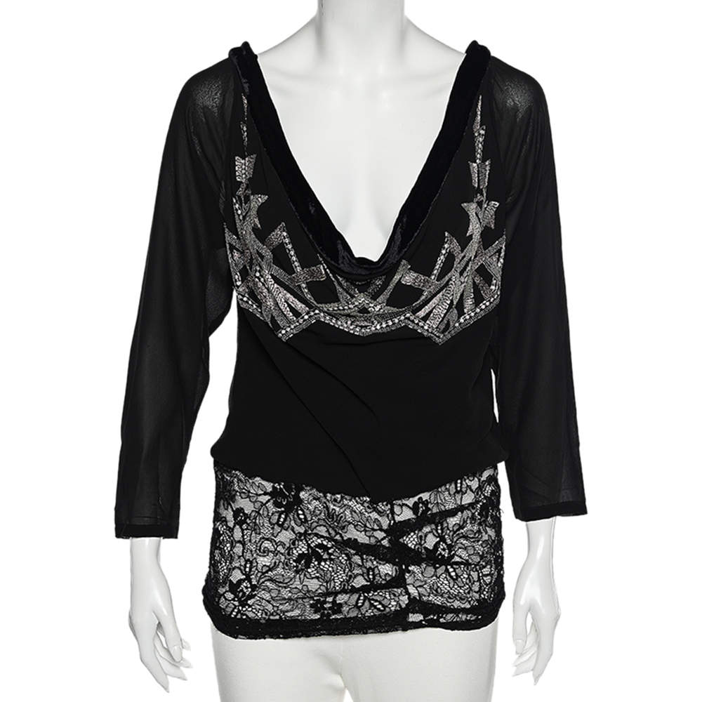Pre Owned Dior Black Silk & Lace Trimmed Embellished Cowl Neck Top L