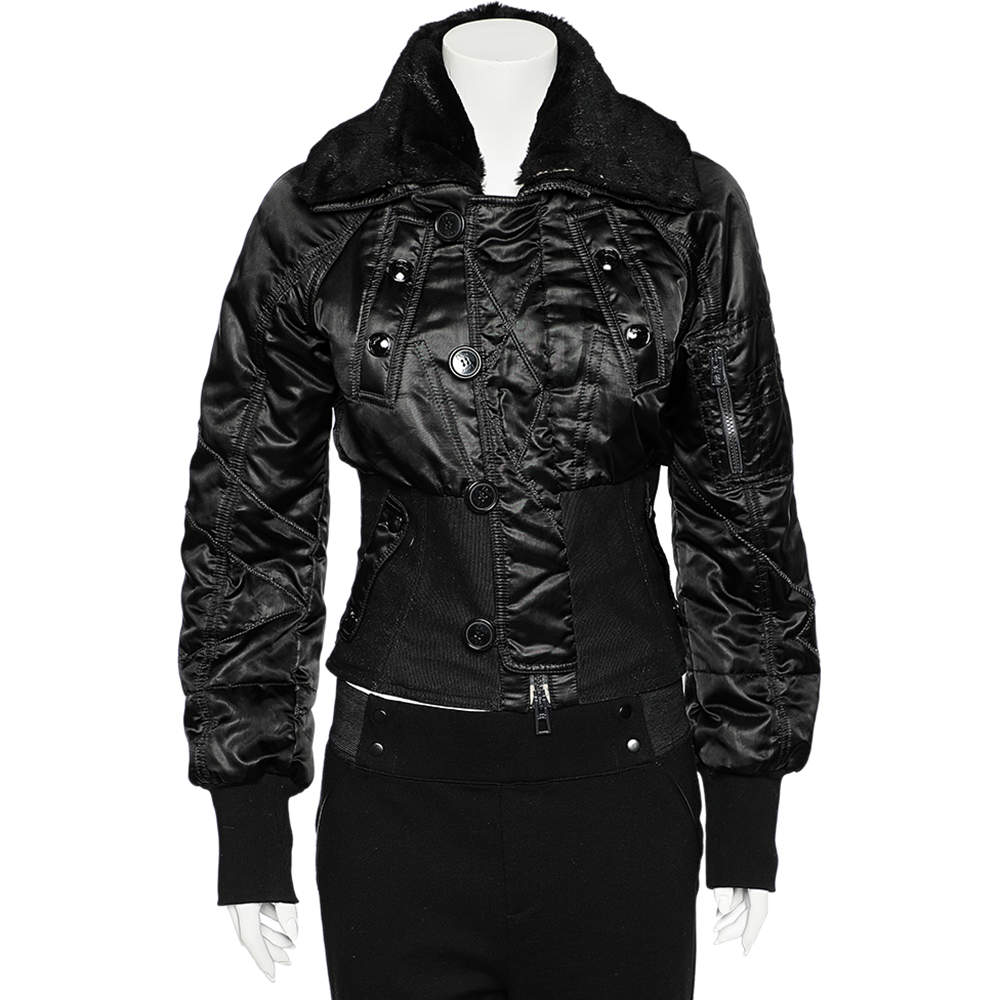 Pre Owned Dior Black Synthetic & Rabbit Fur Lined Corset Trimmed Jacket S