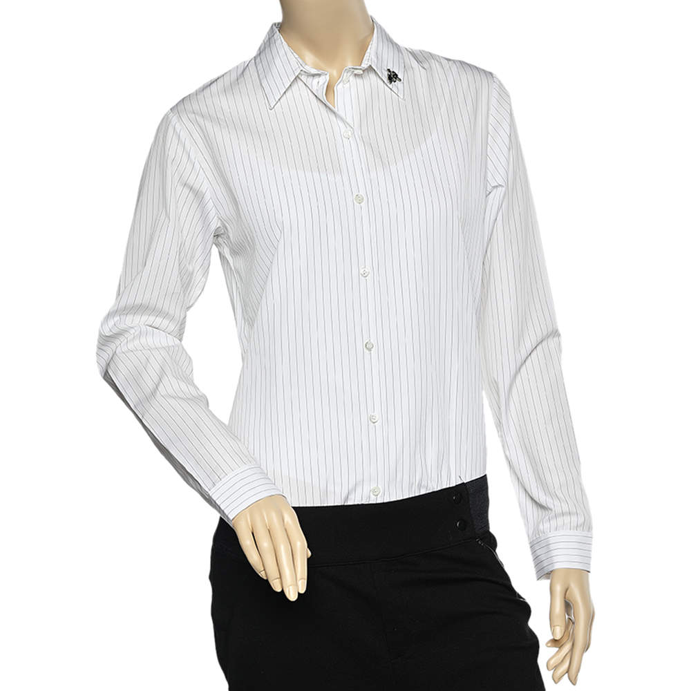 Christian Dior White Striped Cotton Bee Embellished Button Front Shirt M