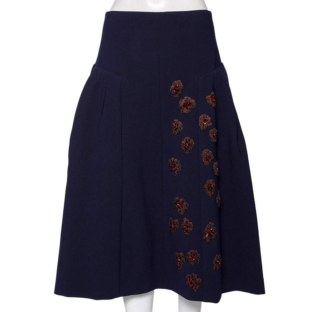 Dior Navy Blue Crepe Embroidered Embellished Midi Skirt M