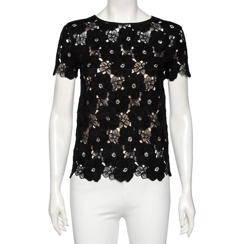 Pre Owned Dior Black Floral Lace Knit Short Sleeve Top M