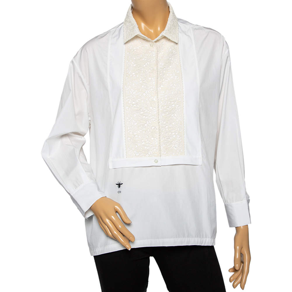 Pre Owned Dior White Cotton & Lace Trimmed Oversized Blouse L
