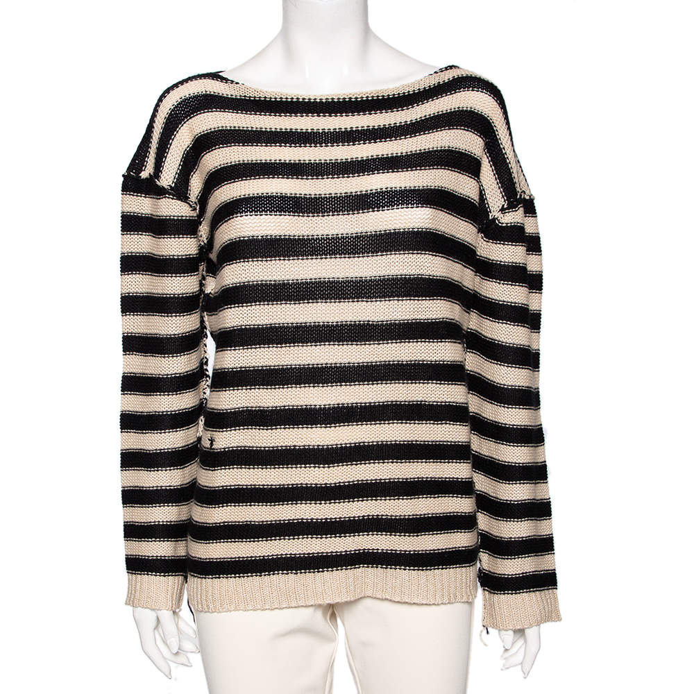 Pre Owned Dior Beige & Black Striped Cashmere & Linen Knit Sweater M