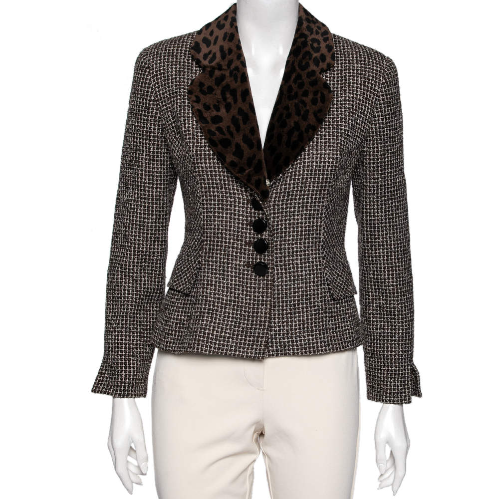 Dior Vintage Brown Tweed & Leopard Print Lapel Detail Jacket S